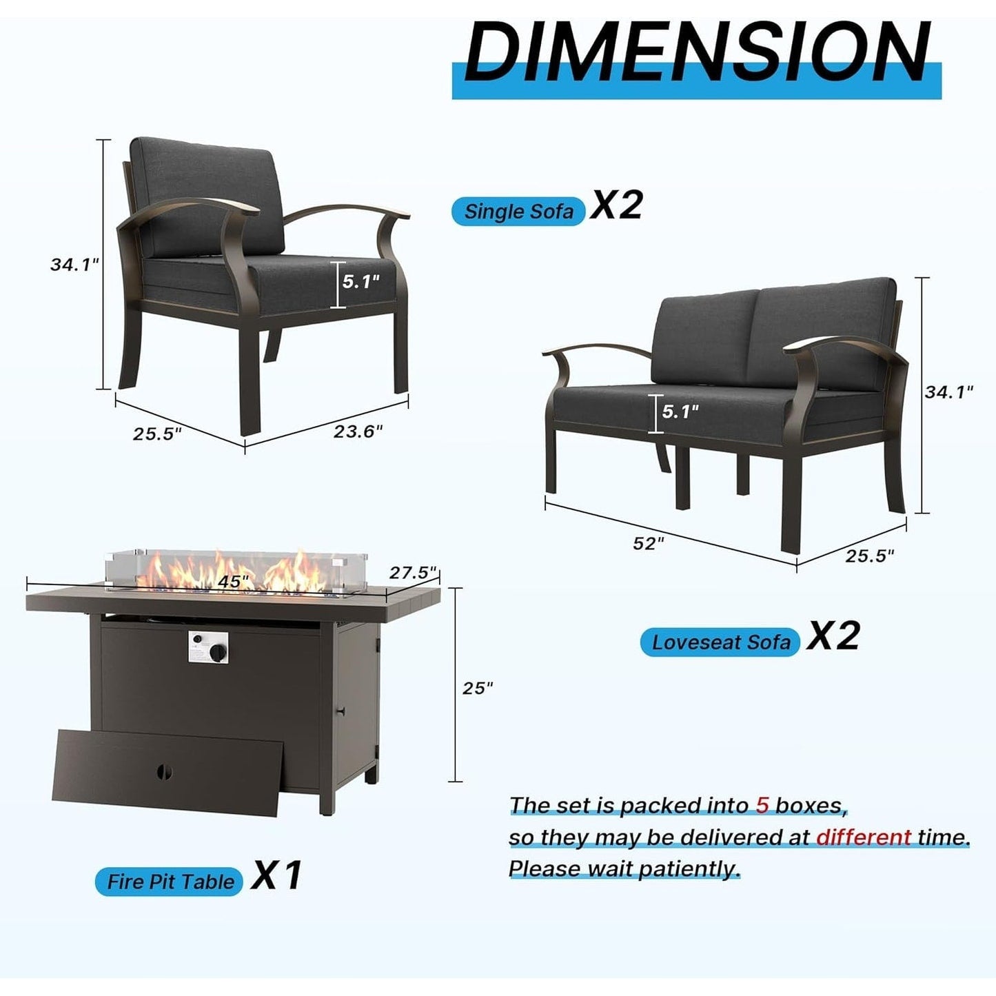 Ensemble de meubles de jardin en aluminium avec foyer, poufs, chaises pivotantes et canapé sectionnel avec coussins épais pour véranda et jardin