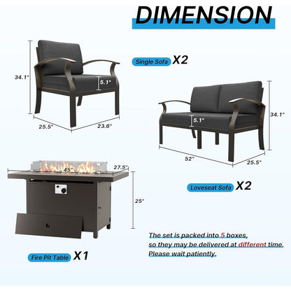 Ensemble de meubles de jardin en aluminium avec foyer, poufs, chaises pivotantes et canapé sectionnel avec coussins épais pour véranda et jardin