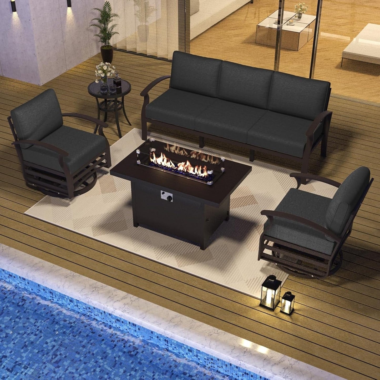 Ensemble de meubles de jardin en aluminium avec foyer, poufs, chaises pivotantes et canapé sectionnel avec coussins épais pour véranda et jardin