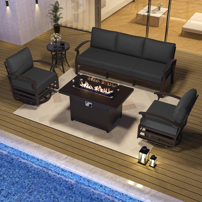 Ensemble de meubles de jardin en aluminium avec foyer, poufs, chaises pivotantes et canapé sectionnel avec coussins épais pour véranda et jardin