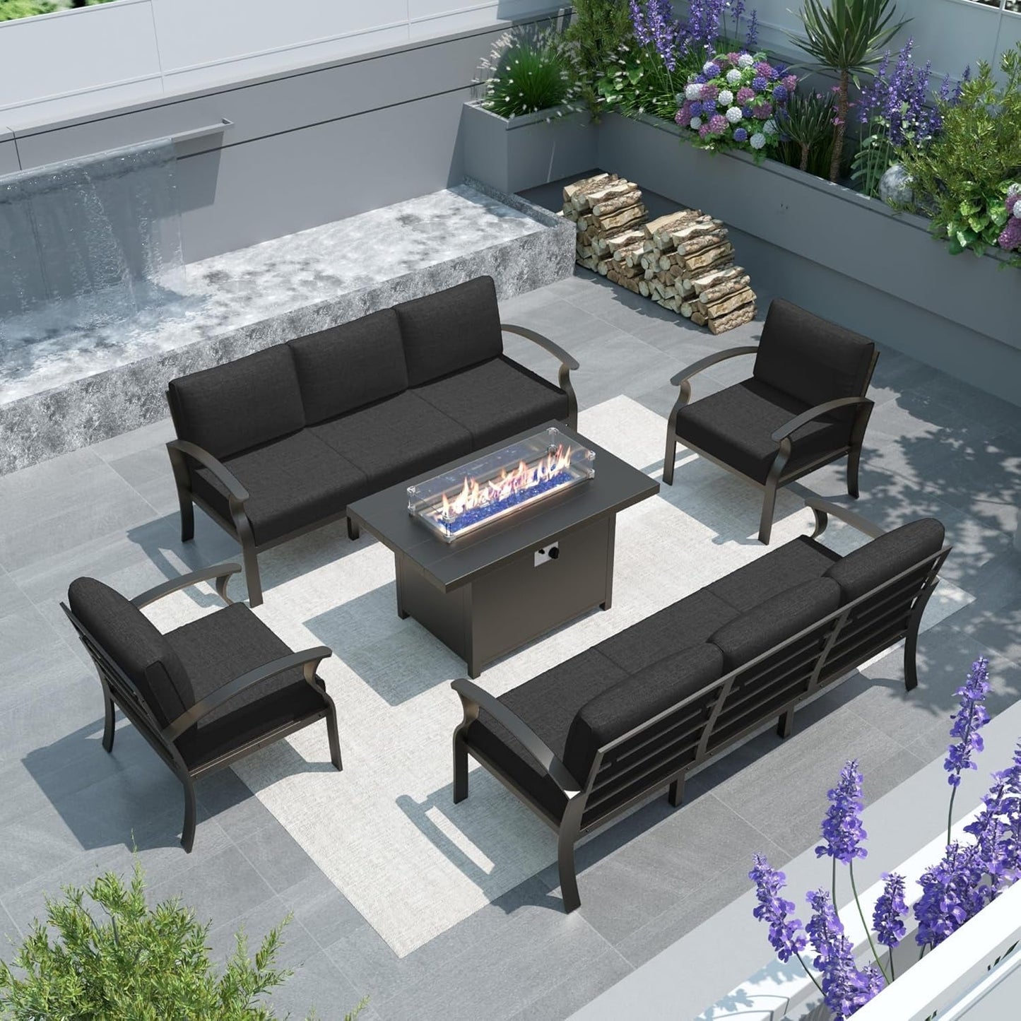 Ensemble de meubles de jardin en aluminium avec foyer, poufs, chaises pivotantes et canapé sectionnel avec coussins épais pour véranda et jardin