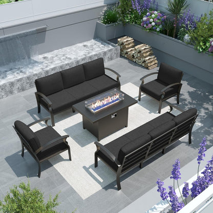 Ensemble de meubles de jardin en aluminium avec foyer, poufs, chaises pivotantes et canapé sectionnel avec coussins épais pour véranda et jardin