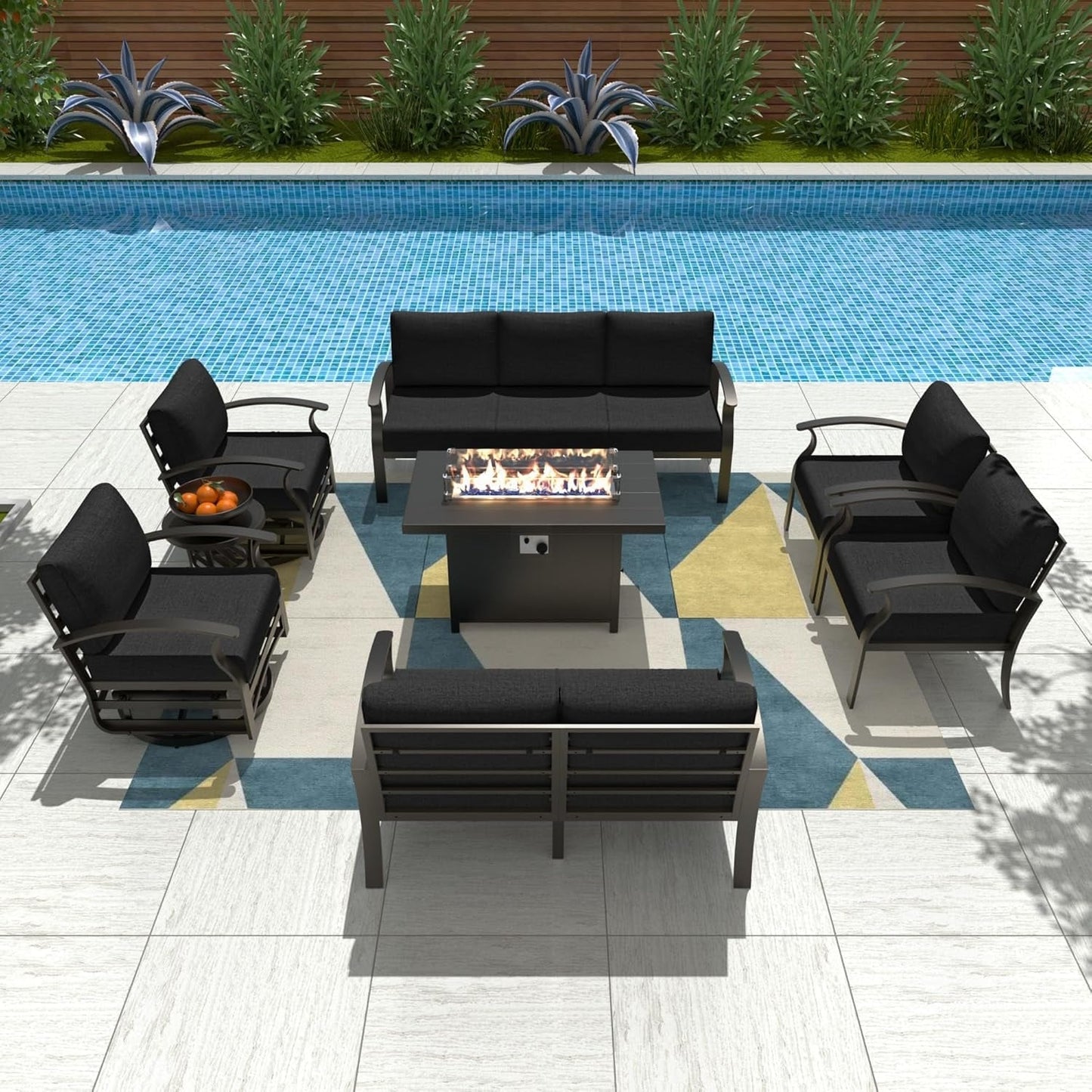 Ensemble de meubles de jardin en aluminium avec foyer, poufs, chaises pivotantes et canapé sectionnel avec coussins épais pour véranda et jardin