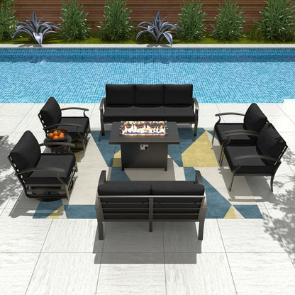 Ensemble de meubles de jardin en aluminium avec foyer, poufs, chaises pivotantes et canapé sectionnel avec coussins épais pour véranda et jardin
