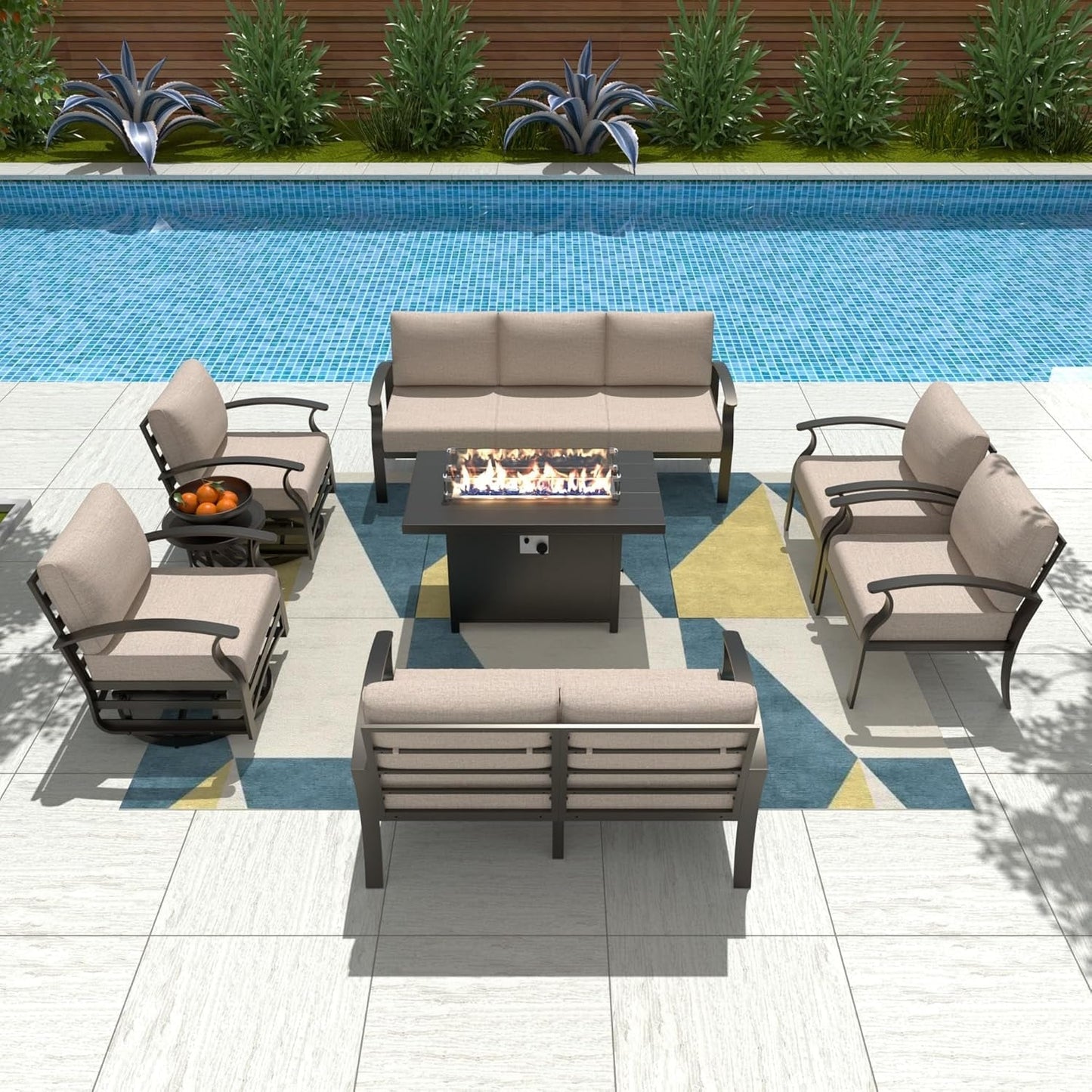 Ensemble de meubles de jardin en aluminium avec foyer, poufs, chaises pivotantes et canapé sectionnel avec coussins épais pour véranda et jardin