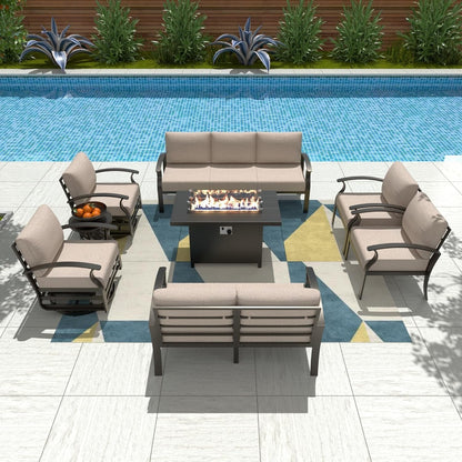 Ensemble de meubles de jardin en aluminium avec foyer, poufs, chaises pivotantes et canapé sectionnel avec coussins épais pour véranda et jardin