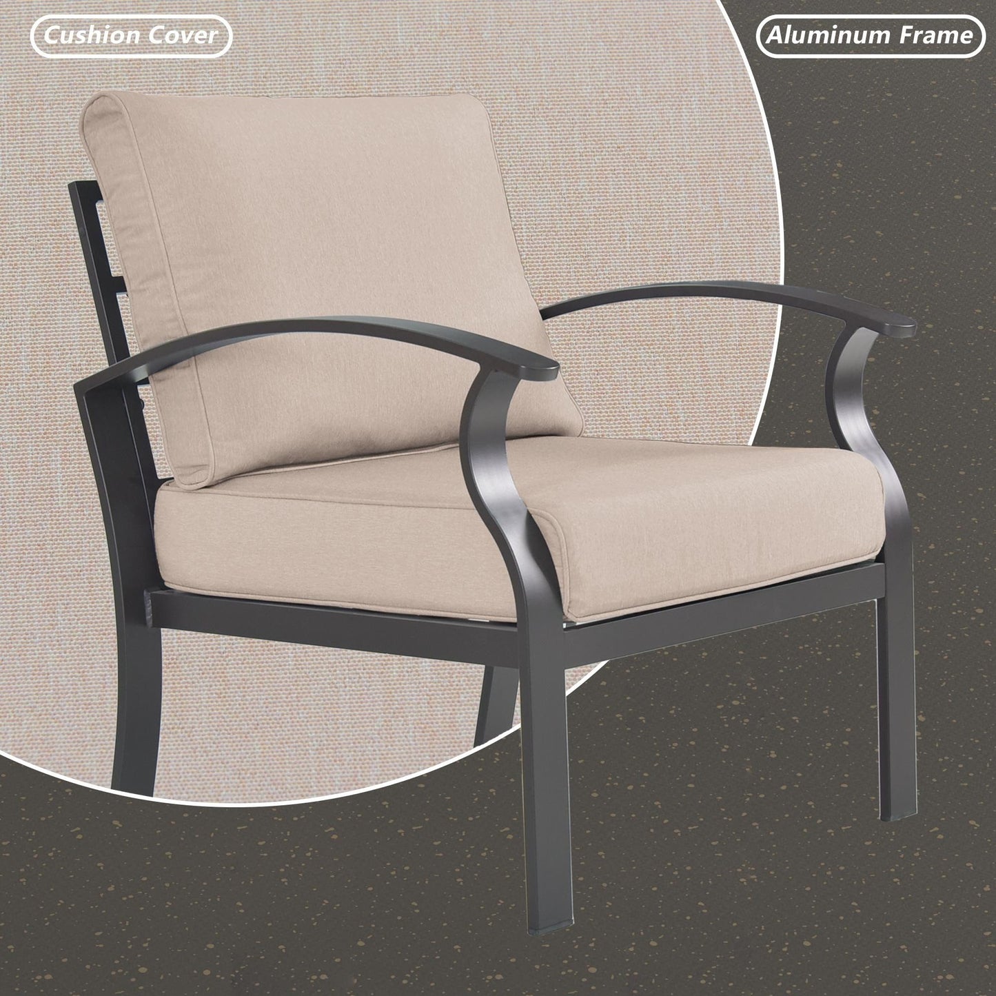 Ensemble de meubles de jardin en aluminium avec foyer, poufs, chaises pivotantes et canapé sectionnel avec coussins épais pour véranda et jardin