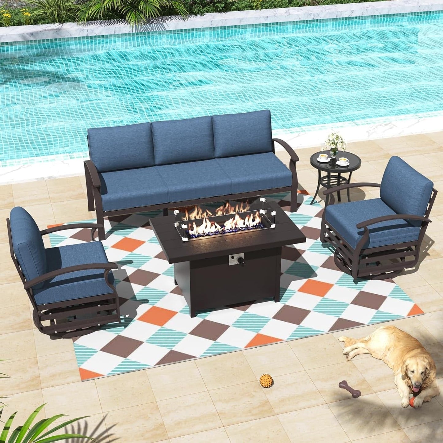 Ensemble de meubles de jardin en aluminium avec foyer, poufs, chaises pivotantes et canapé sectionnel avec coussins épais pour véranda et jardin