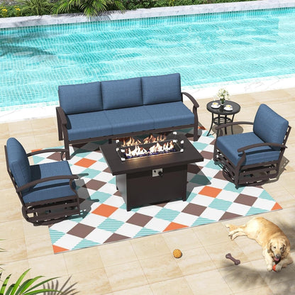 Ensemble de meubles de jardin en aluminium avec foyer, poufs, chaises pivotantes et canapé sectionnel avec coussins épais pour véranda et jardin