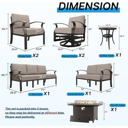 Ensemble de meubles de jardin en aluminium avec foyer, poufs, chaises pivotantes et canapé sectionnel avec coussins épais pour véranda et jardin