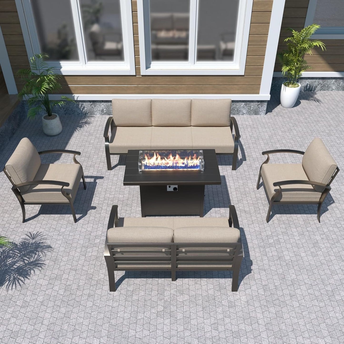 Ensemble de meubles de jardin en aluminium avec foyer, poufs, chaises pivotantes et canapé sectionnel avec coussins épais pour véranda et jardin