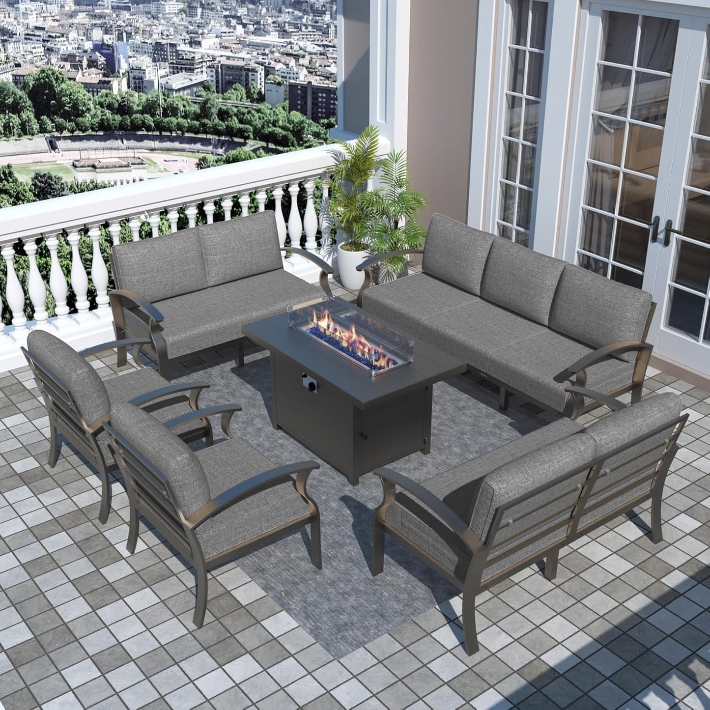 Ensemble de meubles de jardin en aluminium avec foyer, poufs, chaises pivotantes et canapé sectionnel avec coussins épais pour véranda et jardin