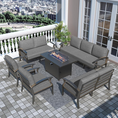 Ensemble de meubles de jardin en aluminium avec foyer, poufs, chaises pivotantes et canapé sectionnel avec coussins épais pour véranda et jardin