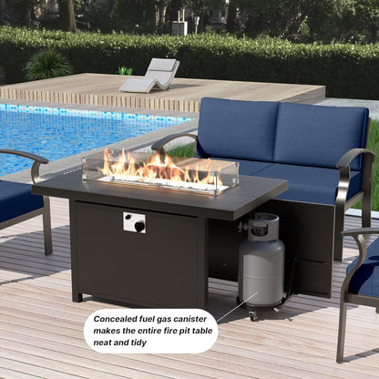 Ensemble de meubles de jardin en aluminium avec foyer, poufs, chaises pivotantes et canapé sectionnel avec coussins épais pour véranda et jardin