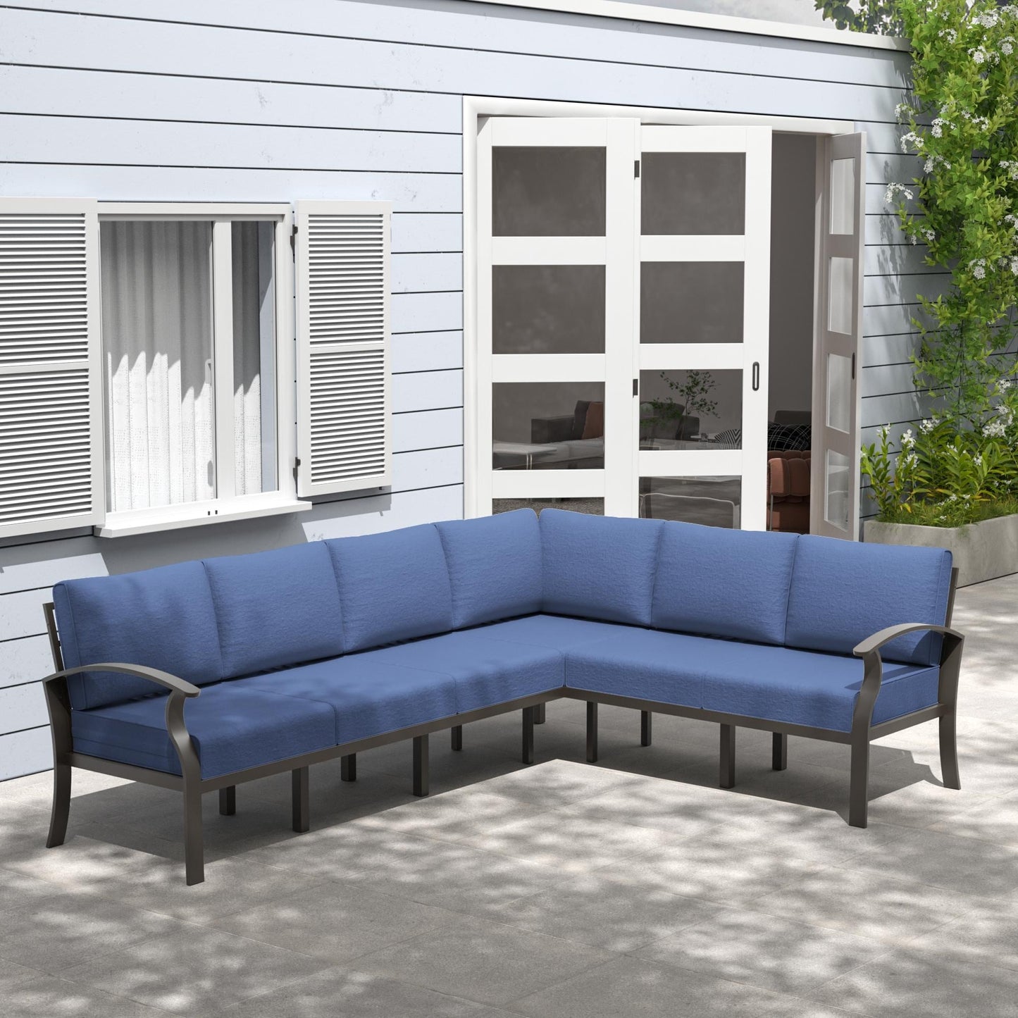 Ensemble de meubles de jardin en aluminium avec foyer, poufs, chaises pivotantes et canapé sectionnel avec coussins épais pour véranda et jardin