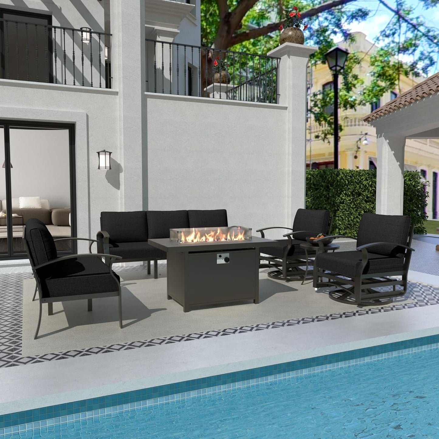Ensemble de meubles de jardin en aluminium avec foyer, poufs, chaises pivotantes et canapé sectionnel avec coussins épais pour véranda et jardin