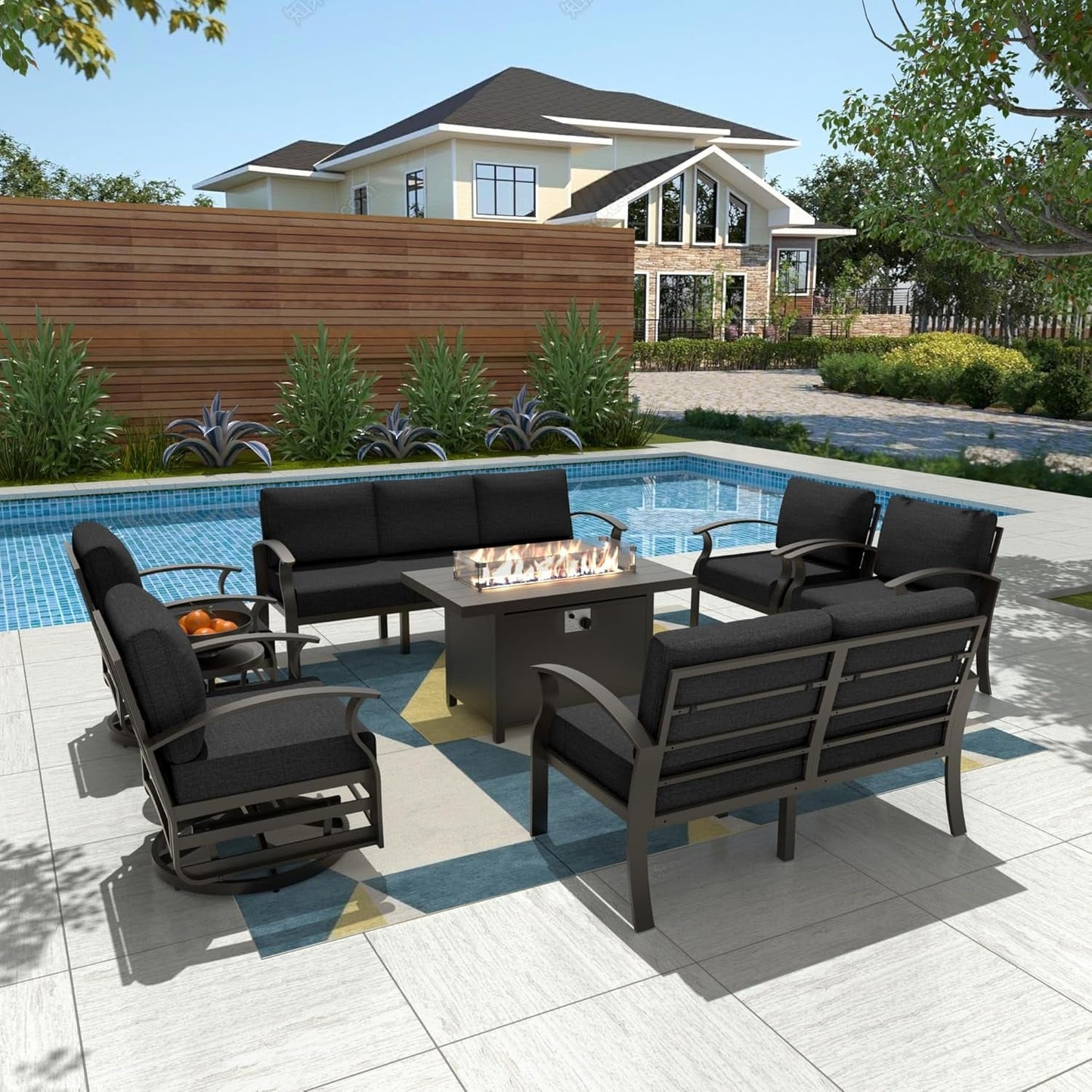 Ensemble de meubles de jardin en aluminium avec foyer, poufs, chaises pivotantes et canapé sectionnel avec coussins épais pour véranda et jardin