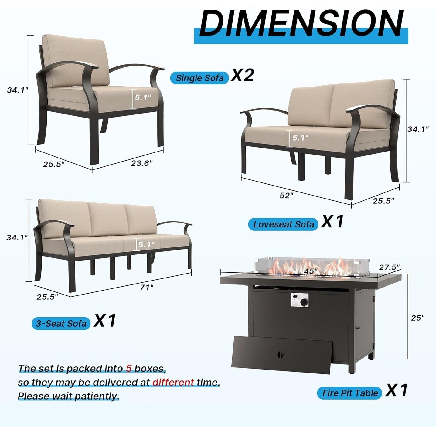 Ensemble de meubles de jardin en aluminium avec foyer, poufs, chaises pivotantes et canapé sectionnel avec coussins épais pour véranda et jardin