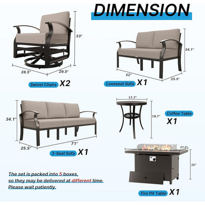 Ensemble de meubles de jardin en aluminium avec foyer, poufs, chaises pivotantes et canapé sectionnel avec coussins épais pour véranda et jardin