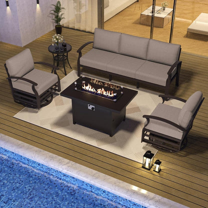 Ensemble de meubles de jardin en aluminium avec foyer, poufs, chaises pivotantes et canapé sectionnel avec coussins épais pour véranda et jardin