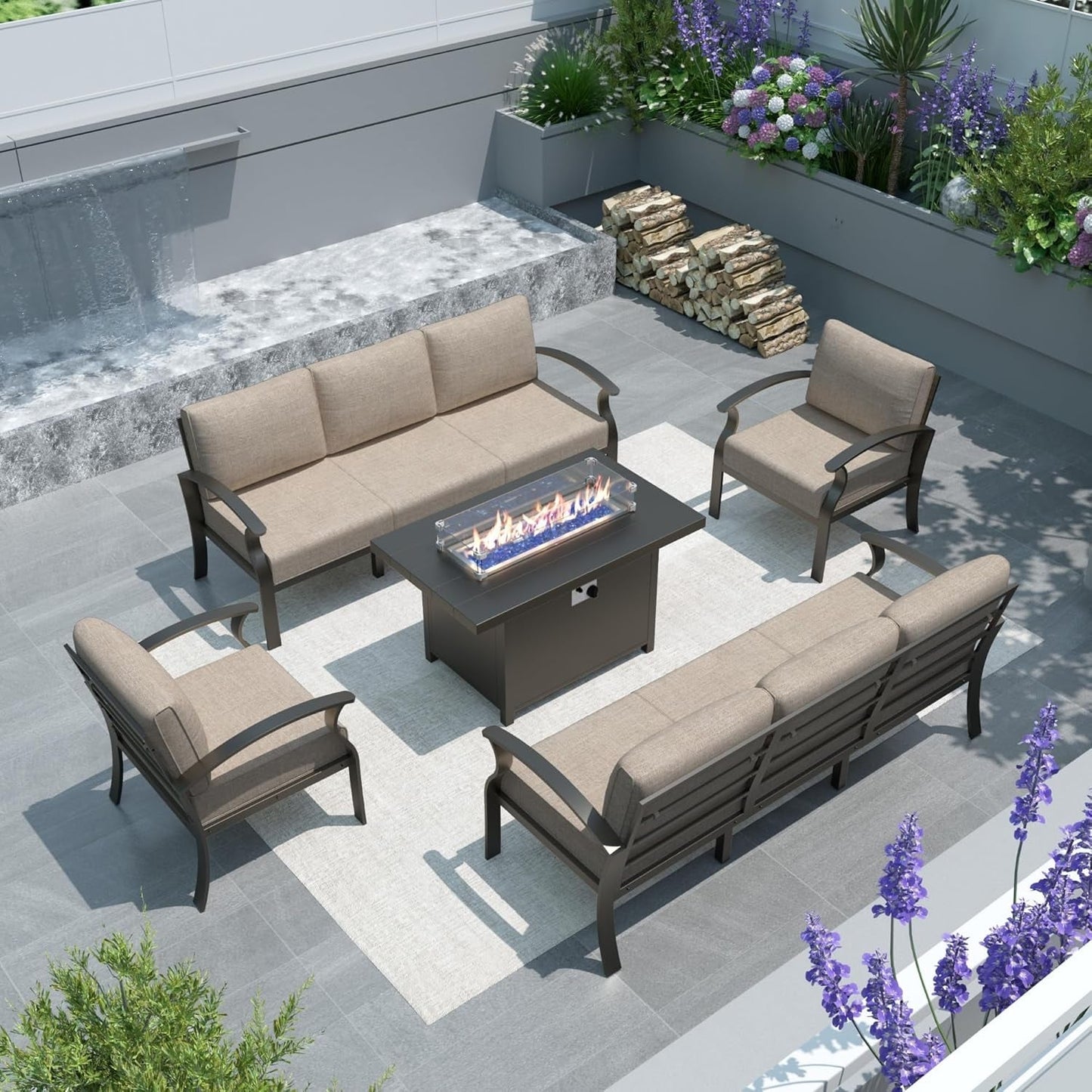 Ensemble de meubles de jardin en aluminium avec foyer, poufs, chaises pivotantes et canapé sectionnel avec coussins épais pour véranda et jardin