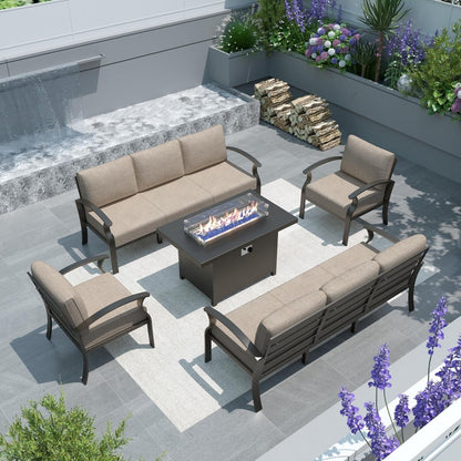 Ensemble de meubles de jardin en aluminium avec foyer, poufs, chaises pivotantes et canapé sectionnel avec coussins épais pour véranda et jardin