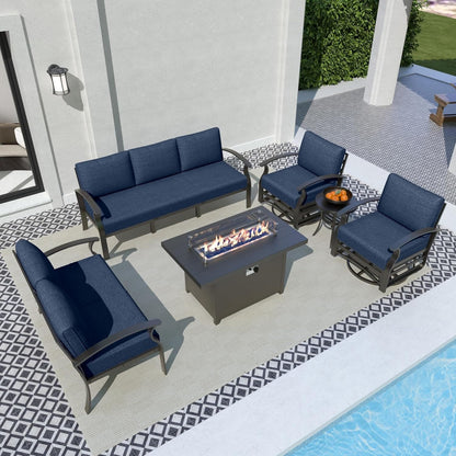 Ensemble de meubles de jardin en aluminium avec foyer, poufs, chaises pivotantes et canapé sectionnel avec coussins épais pour véranda et jardin