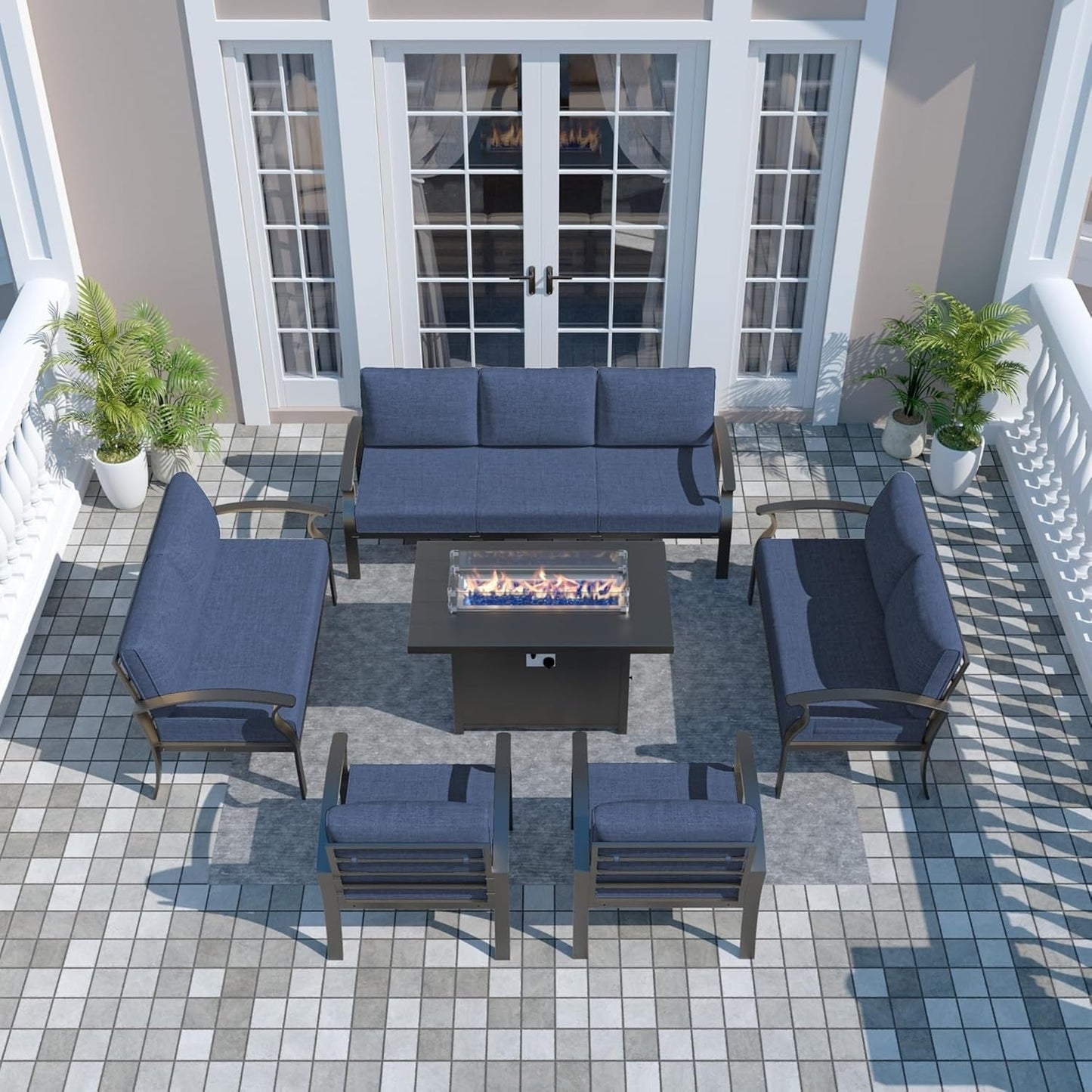 Ensemble de meubles de jardin en aluminium avec foyer, poufs, chaises pivotantes et canapé sectionnel avec coussins épais pour véranda et jardin