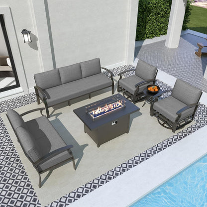 Ensemble de meubles de jardin en aluminium avec foyer, poufs, chaises pivotantes et canapé sectionnel avec coussins épais pour véranda et jardin