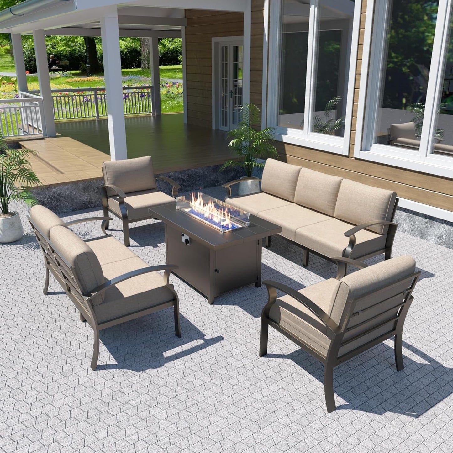 Ensemble de meubles de jardin en aluminium avec foyer, poufs, chaises pivotantes et canapé sectionnel avec coussins épais pour véranda et jardin