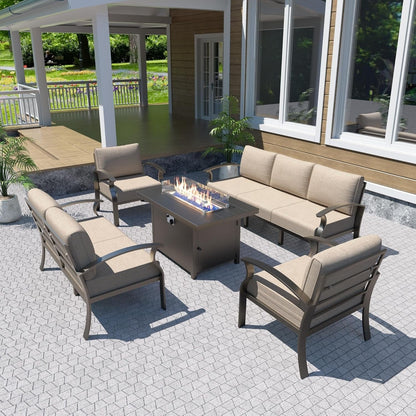 Ensemble de meubles de jardin en aluminium avec foyer, poufs, chaises pivotantes et canapé sectionnel avec coussins épais pour véranda et jardin