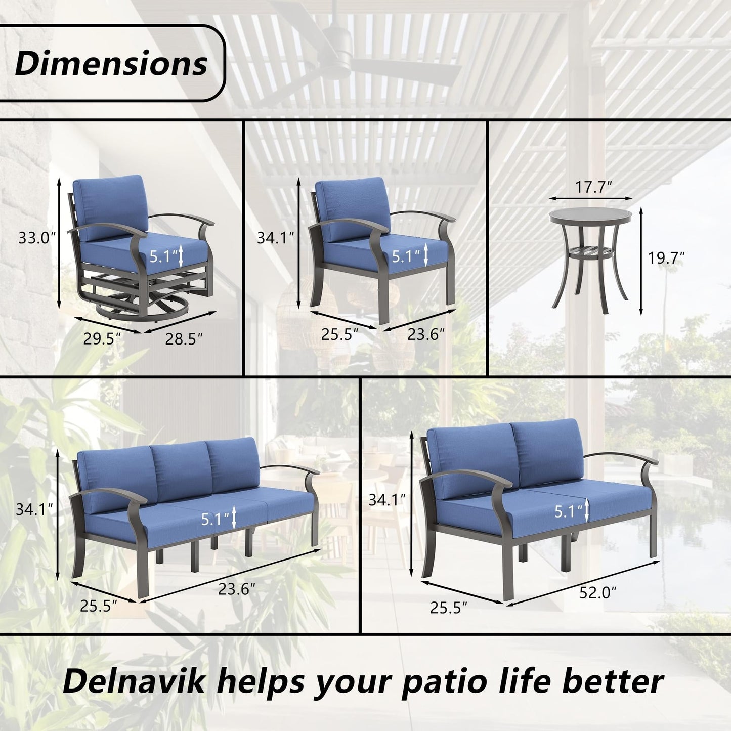 Ensemble de meubles de jardin en aluminium avec foyer, poufs, chaises pivotantes et canapé sectionnel avec coussins épais pour véranda et jardin