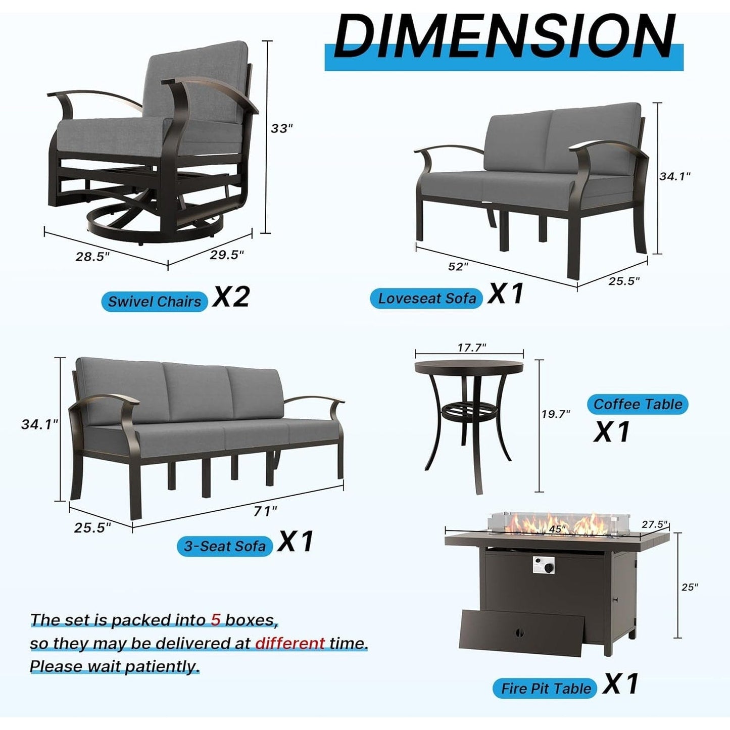 Ensemble de meubles de jardin en aluminium avec foyer, poufs, chaises pivotantes et canapé sectionnel avec coussins épais pour véranda et jardin
