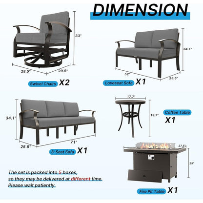 Ensemble de meubles de jardin en aluminium avec foyer, poufs, chaises pivotantes et canapé sectionnel avec coussins épais pour véranda et jardin