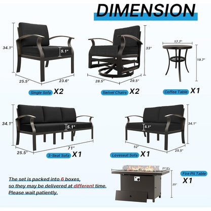 Ensemble de meubles de jardin en aluminium avec foyer, poufs, chaises pivotantes et canapé sectionnel avec coussins épais pour véranda et jardin