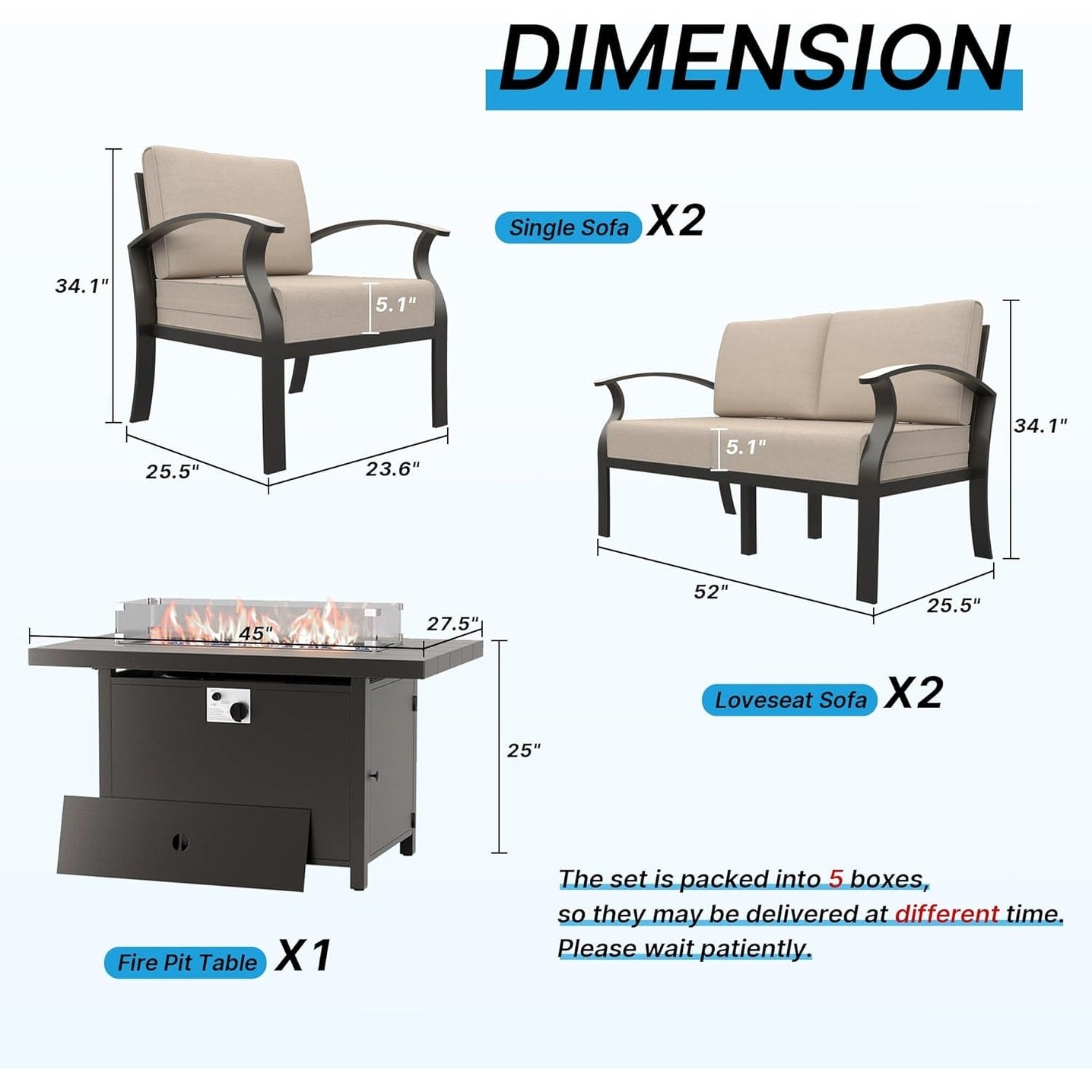 Ensemble de meubles de jardin en aluminium avec foyer, poufs, chaises pivotantes et canapé sectionnel avec coussins épais pour véranda et jardin