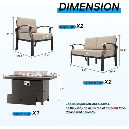 Ensemble de meubles de jardin en aluminium avec foyer, poufs, chaises pivotantes et canapé sectionnel avec coussins épais pour véranda et jardin