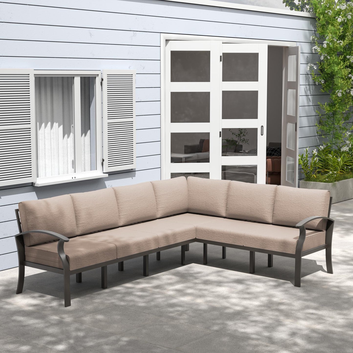 Ensemble de meubles de jardin en aluminium avec foyer, poufs, chaises pivotantes et canapé sectionnel avec coussins épais pour véranda et jardin