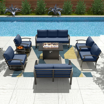 Ensemble de meubles de jardin en aluminium avec foyer, poufs, chaises pivotantes et canapé sectionnel avec coussins épais pour véranda et jardin