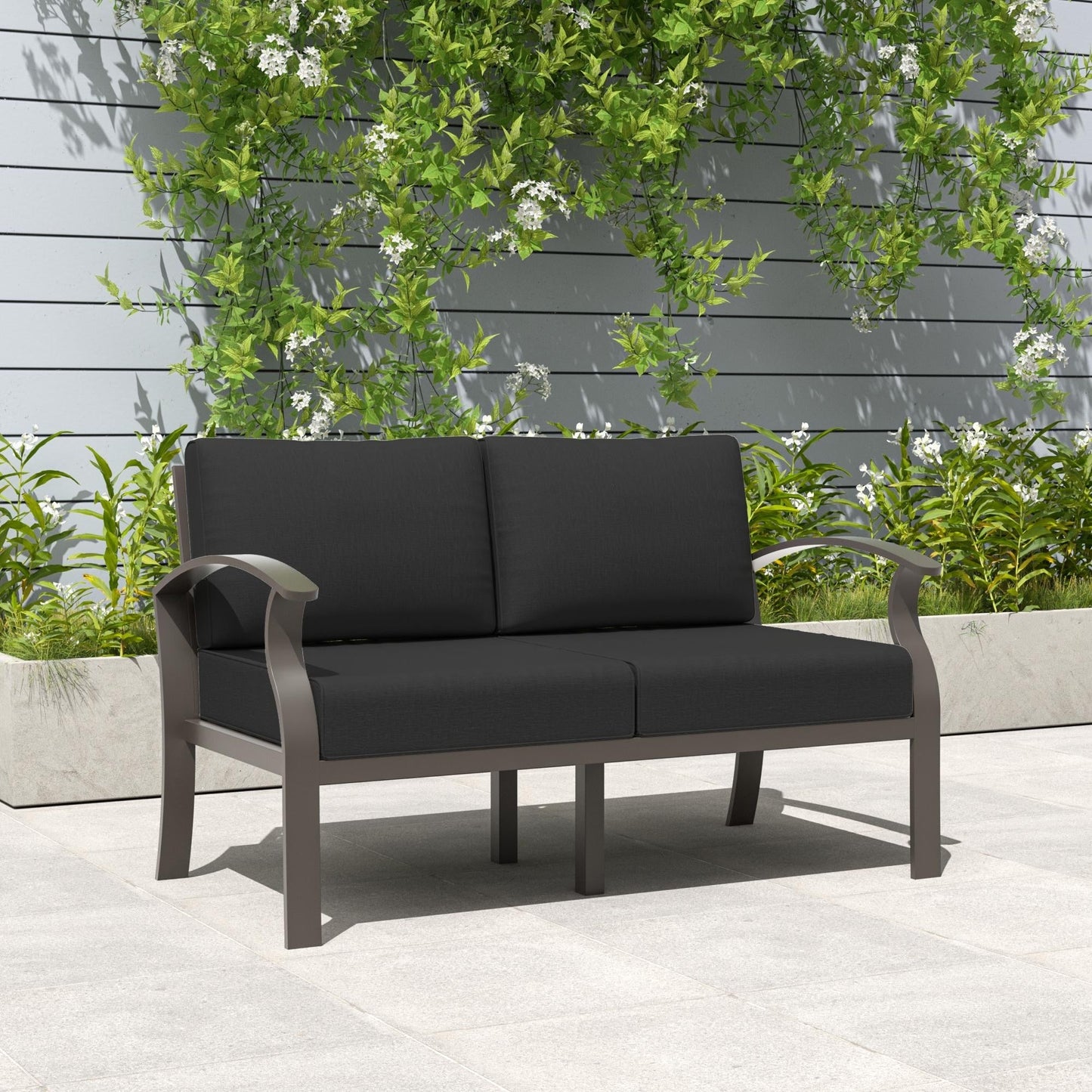 Ensemble de meubles de jardin en aluminium avec foyer, poufs, chaises pivotantes et canapé sectionnel avec coussins épais pour véranda et jardin