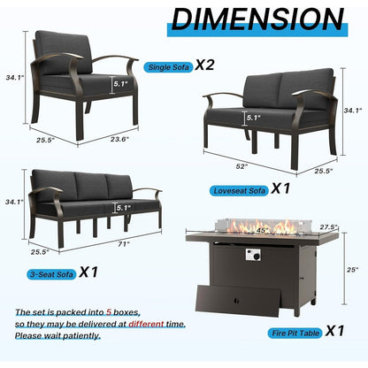 Ensemble de meubles de jardin en aluminium avec foyer, poufs, chaises pivotantes et canapé sectionnel avec coussins épais pour véranda et jardin