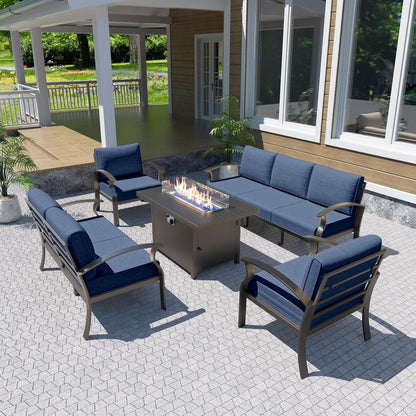 Ensemble de meubles de jardin en aluminium avec foyer, poufs, chaises pivotantes et canapé sectionnel avec coussins épais pour véranda et jardin