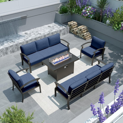 Ensemble de meubles de jardin en aluminium avec foyer, poufs, chaises pivotantes et canapé sectionnel avec coussins épais pour véranda et jardin