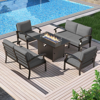 Ensemble de meubles de jardin en aluminium avec foyer, poufs, chaises pivotantes et canapé sectionnel avec coussins épais pour véranda et jardin