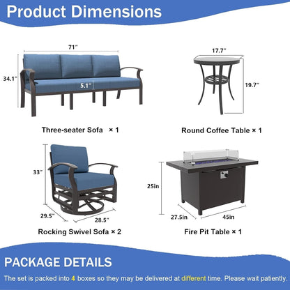 Ensemble de meubles de jardin en aluminium avec foyer, poufs, chaises pivotantes et canapé sectionnel avec coussins épais pour véranda et jardin