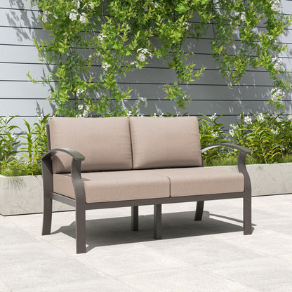 Ensemble de meubles de jardin en aluminium avec foyer, poufs, chaises pivotantes et canapé sectionnel avec coussins épais pour véranda et jardin
