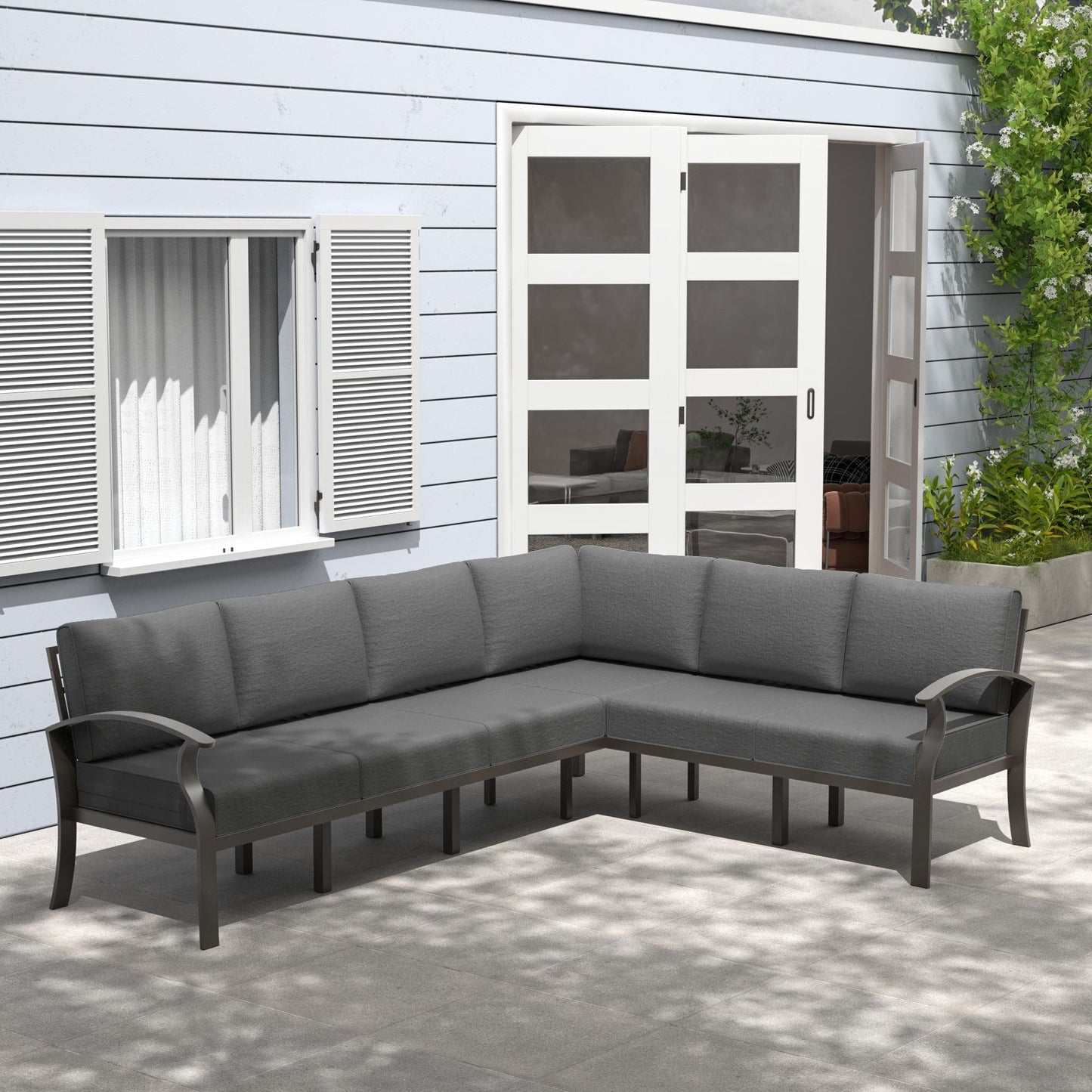 Ensemble de meubles de jardin en aluminium avec foyer, poufs, chaises pivotantes et canapé sectionnel avec coussins épais pour véranda et jardin