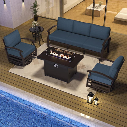 Ensemble de meubles de jardin en aluminium avec foyer, poufs, chaises pivotantes et canapé sectionnel avec coussins épais pour véranda et jardin