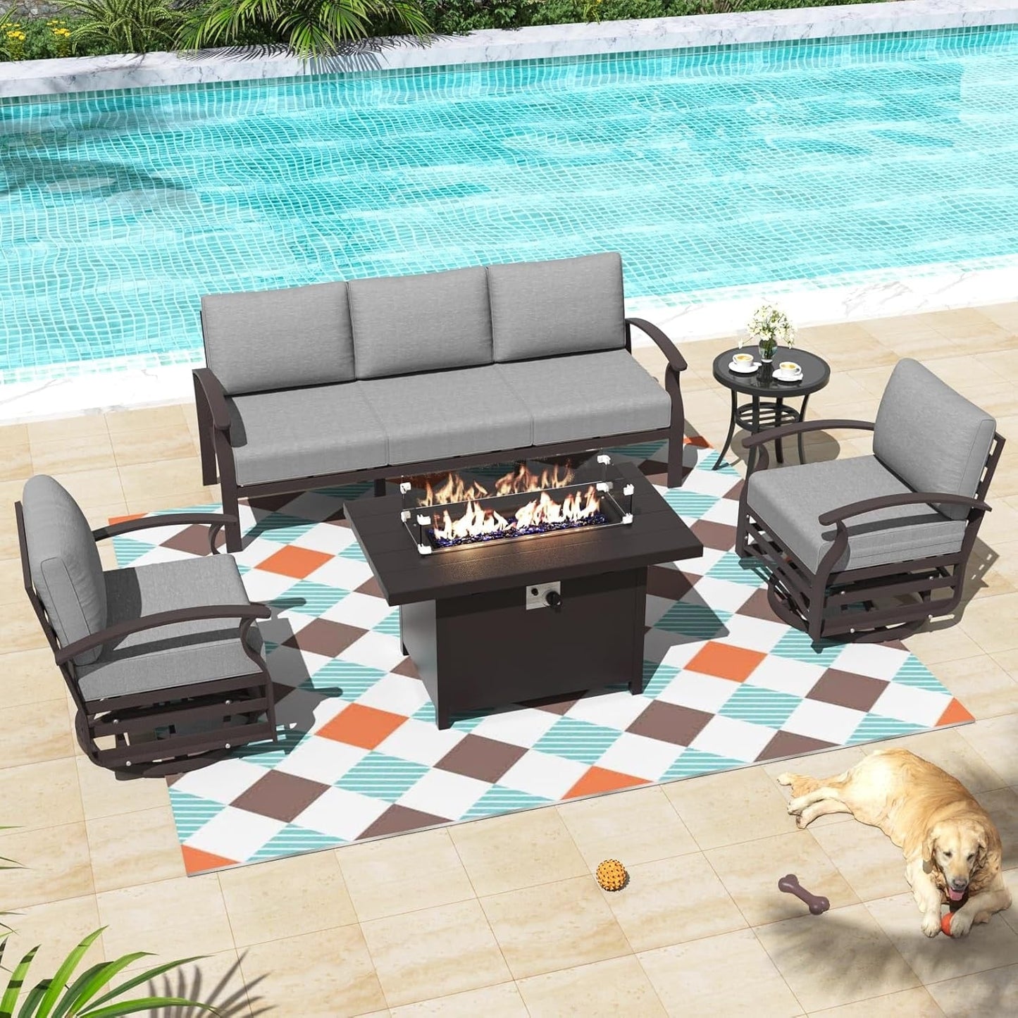 Ensemble de meubles de jardin en aluminium avec foyer, poufs, chaises pivotantes et canapé sectionnel avec coussins épais pour véranda et jardin