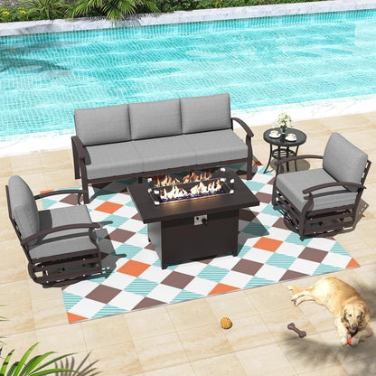 Ensemble de meubles de jardin en aluminium avec foyer, poufs, chaises pivotantes et canapé sectionnel avec coussins épais pour véranda et jardin